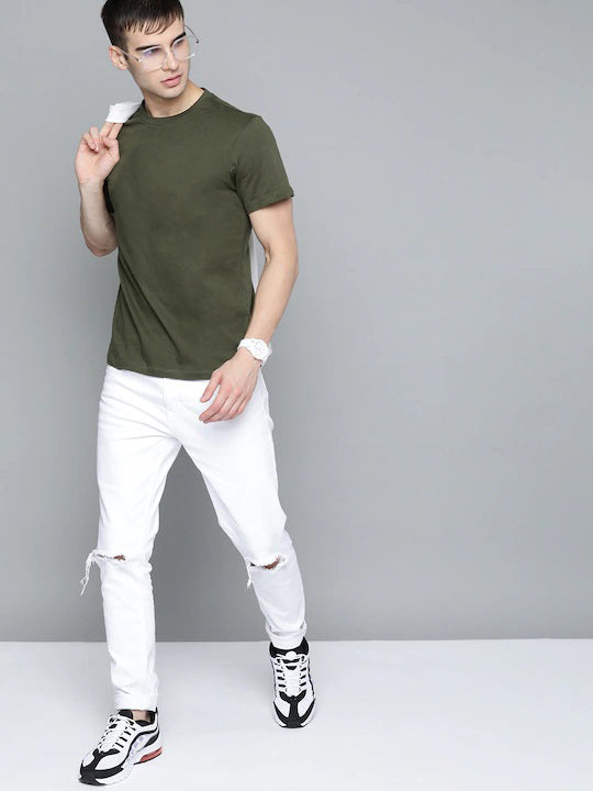 Olive Green Plain Regular T-shirt