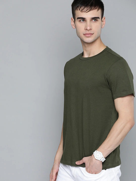 Olive Green Plain Regular T-shirt