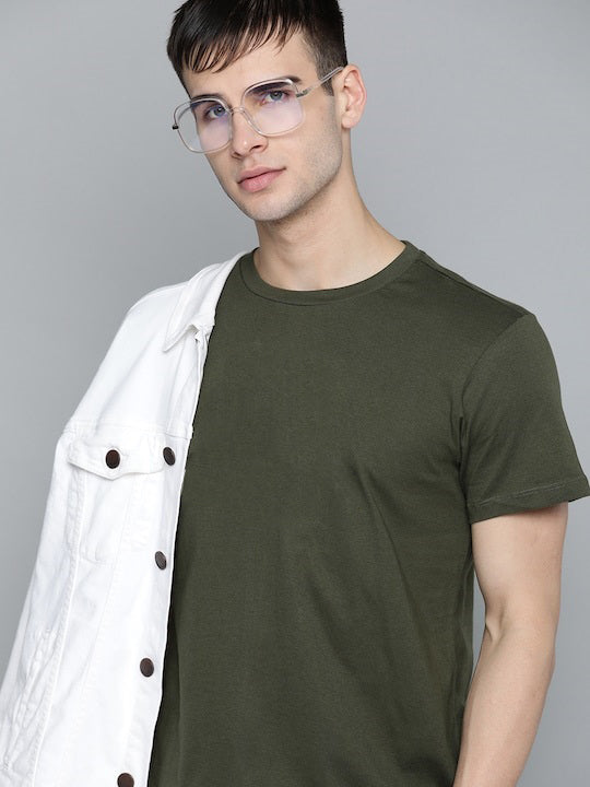 Olive Green Plain Regular T-shirt